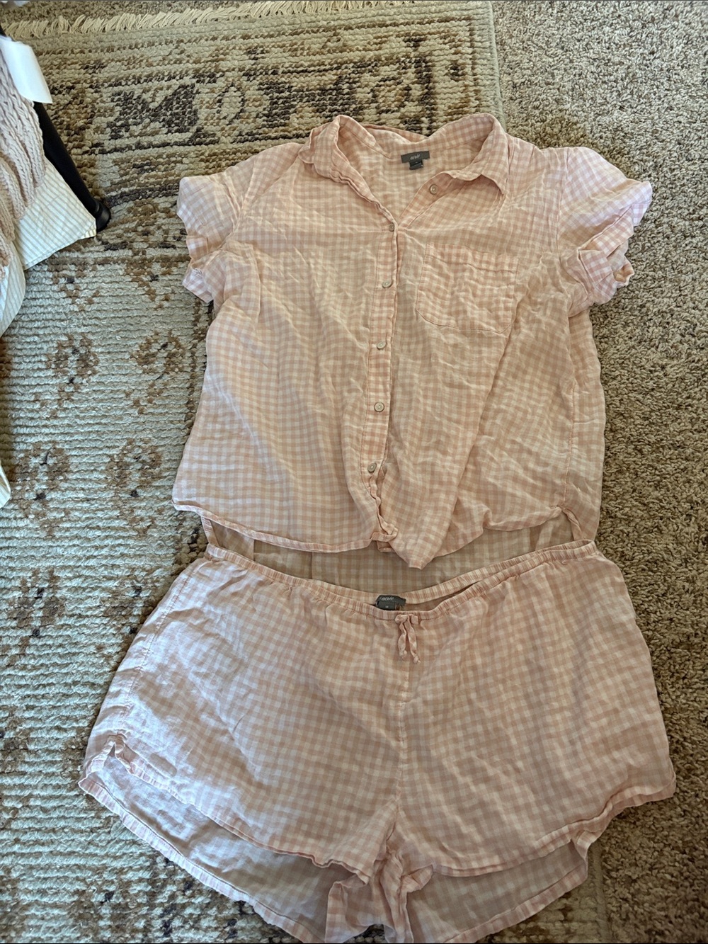 aerie Pink Gingham Pajama Set - Button-Up Top & Drawstring Shorts - Picture 1 of 5